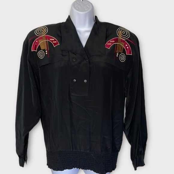 Vintage 1980’s 100% Silk Long Sleeve Embroidered Blouse Size 8 - Picture 1 of 10